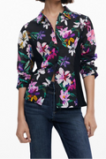 Black Vibrant Floral Print Long Sleeve Button-Down Shirt Avalabel