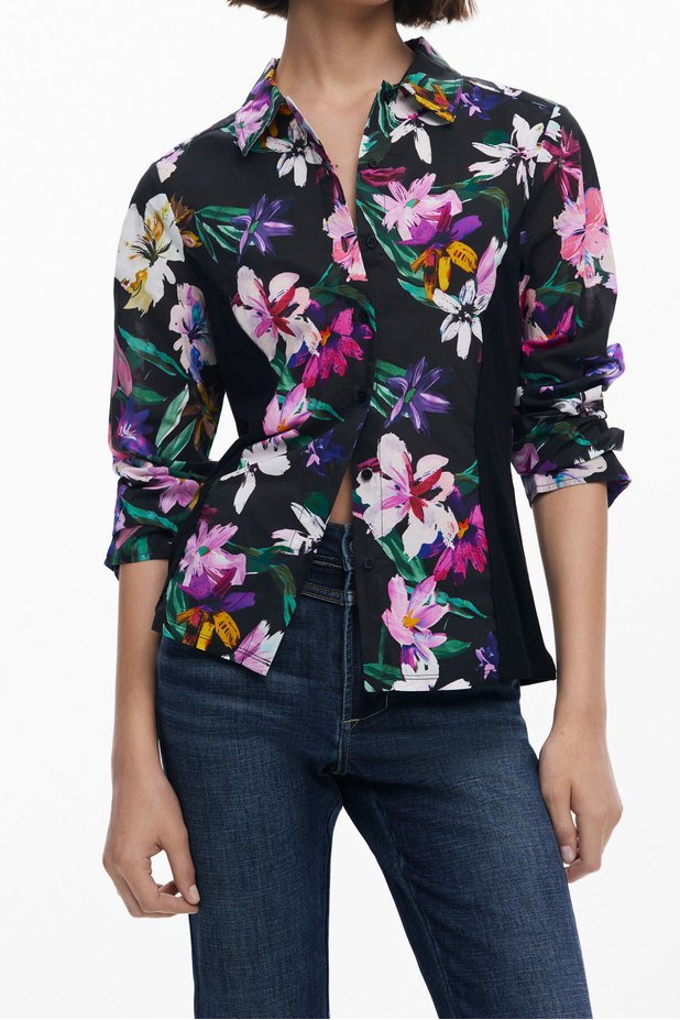 Black Vibrant Floral Print Long Sleeve Button-Down Shirt Avalabel