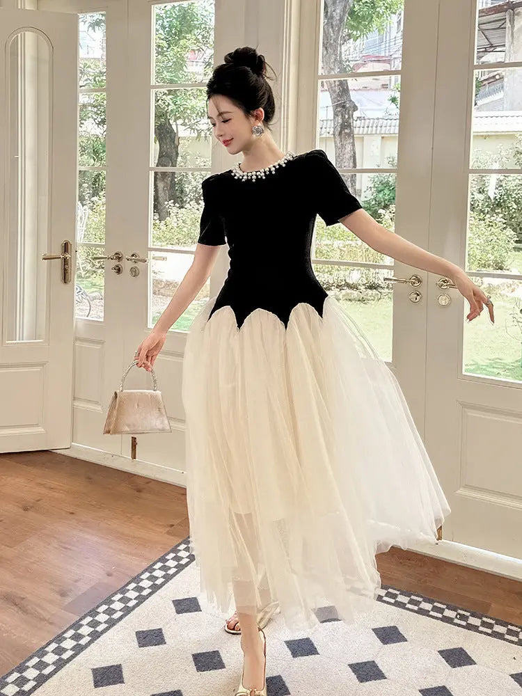 Leona Black-White Two-Tone Rhinestone Neck Tulle Maxi Dress Avalabel