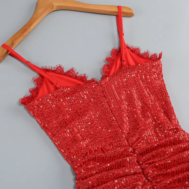 bertha high slit pleated sequin maxi dress in red Avalabel
