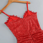 bertha high slit pleated sequin maxi dress in red Avalabel
