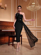 venus 3d flower rhinestone strapless midi dress in black Avalabel