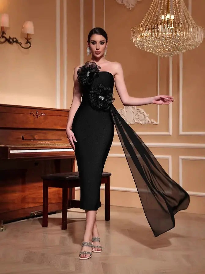 venus 3d flower rhinestone strapless midi dress in black Avalabel