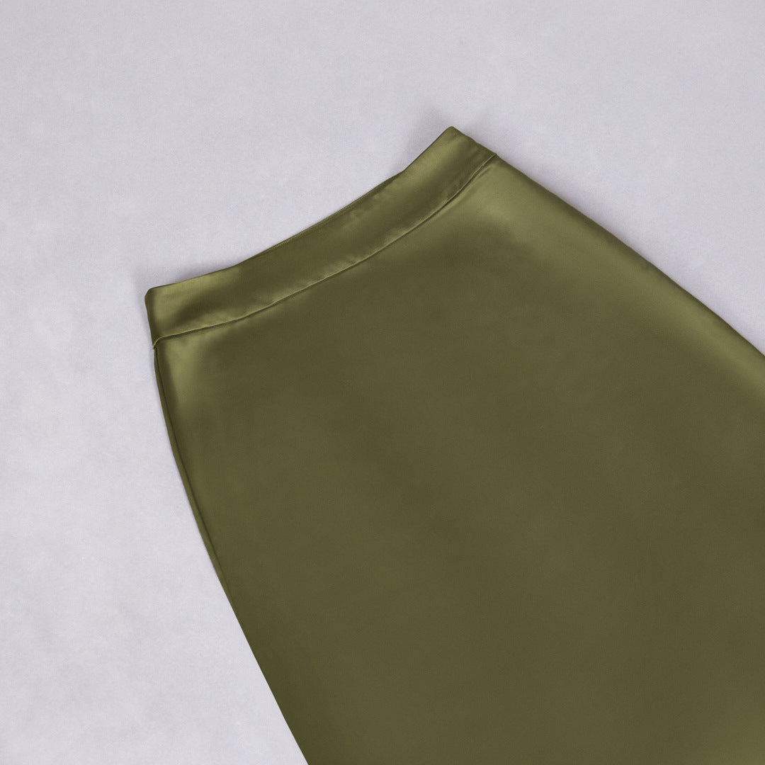 Sleeveless Turtleneck Tassel Paneled Top and Satin Skirt Set in green Avalabel