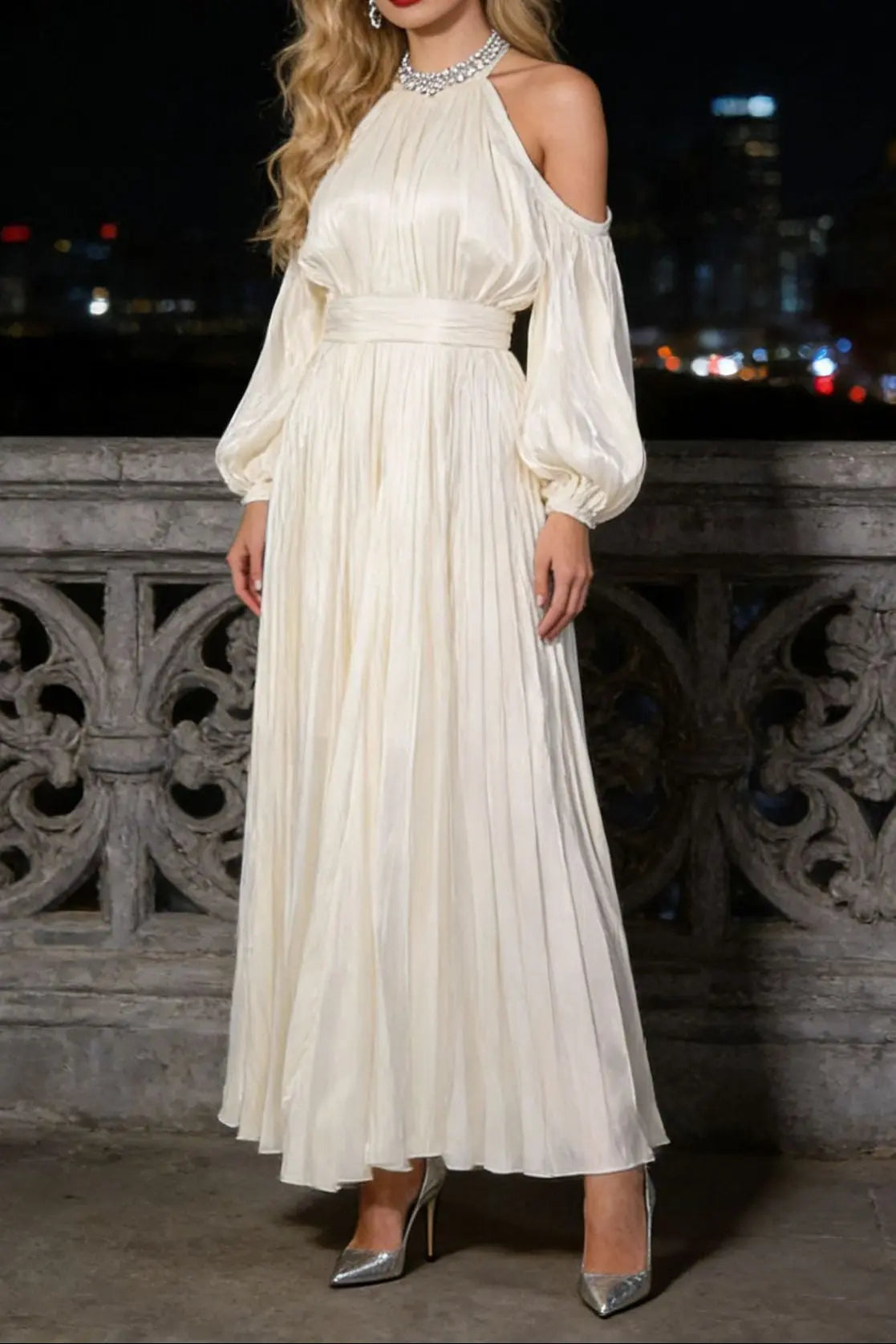 ashley apricot off shoulder pleated puff sleeve maxi dress Avalabel