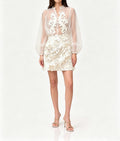 Floral Appliqué Sheer Organza Blouse & Mini Skirt Set - White Avalabel