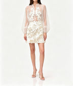 Floral Appliqué Sheer Organza Blouse & Mini Skirt Set - White Avalabel