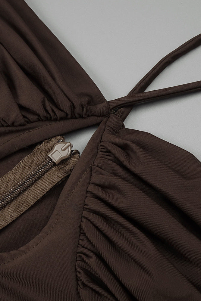 Pleated Strappy Draped Slit Maxi Dress in Brown Avalabel