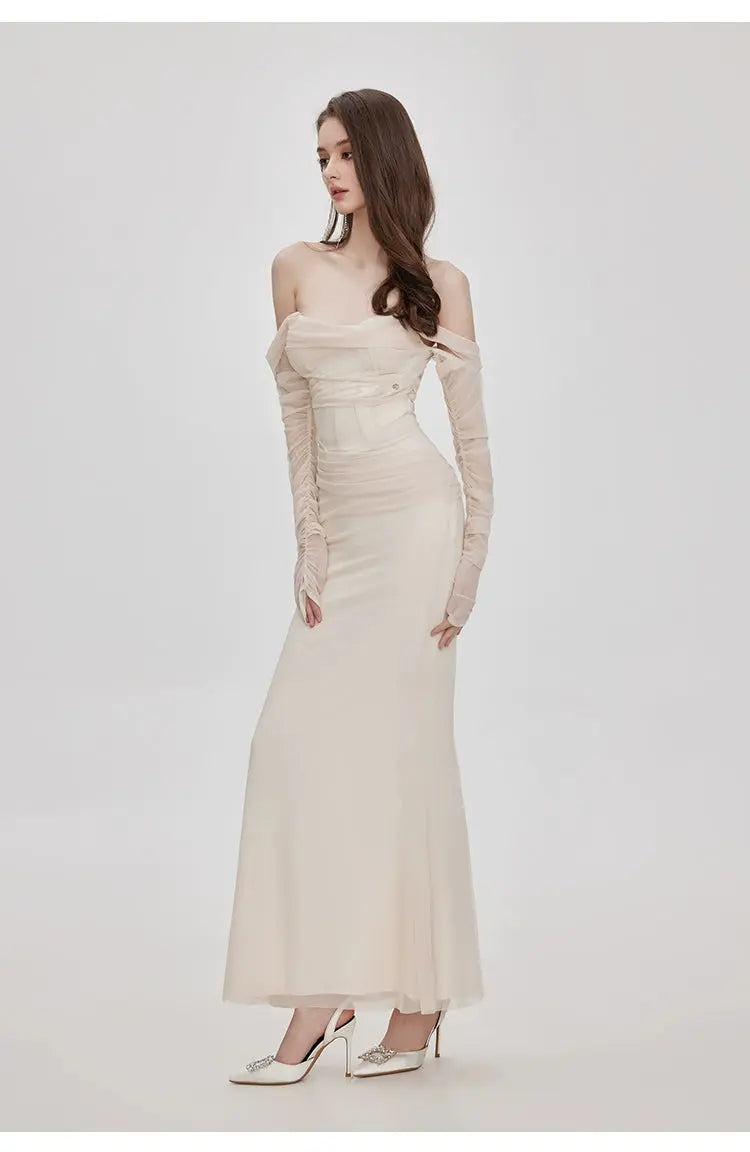 Ariel Apricot Mesh Off-Shoulder Mermaid Maxi Dress Avalabel