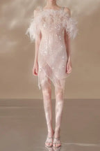 priscilla sequin feather crystal-strap mini dress in pink Avalabel