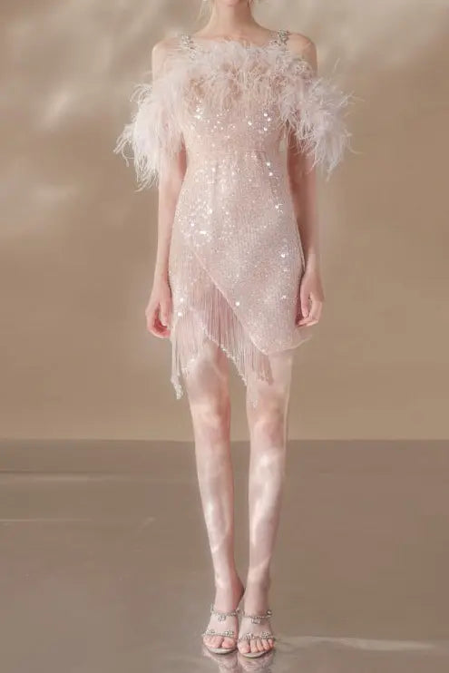 priscilla sequin feather crystal-strap mini dress in pink Avalabel