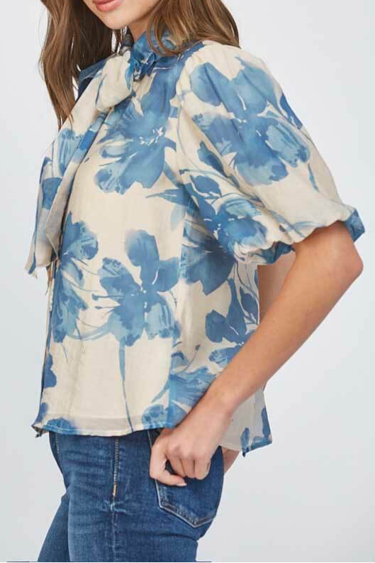Beige & Blue Watercolor Floral Bow Neck Puff Sleeve Blouse Avalabel