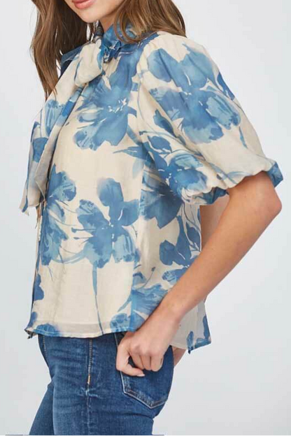 Beige & Blue Watercolor Floral Bow Neck Puff Sleeve Blouse