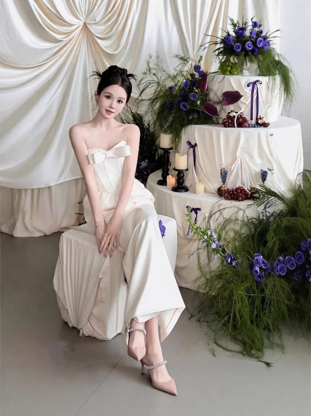 josephine bow satin strapless maxi dress in white Avalabel