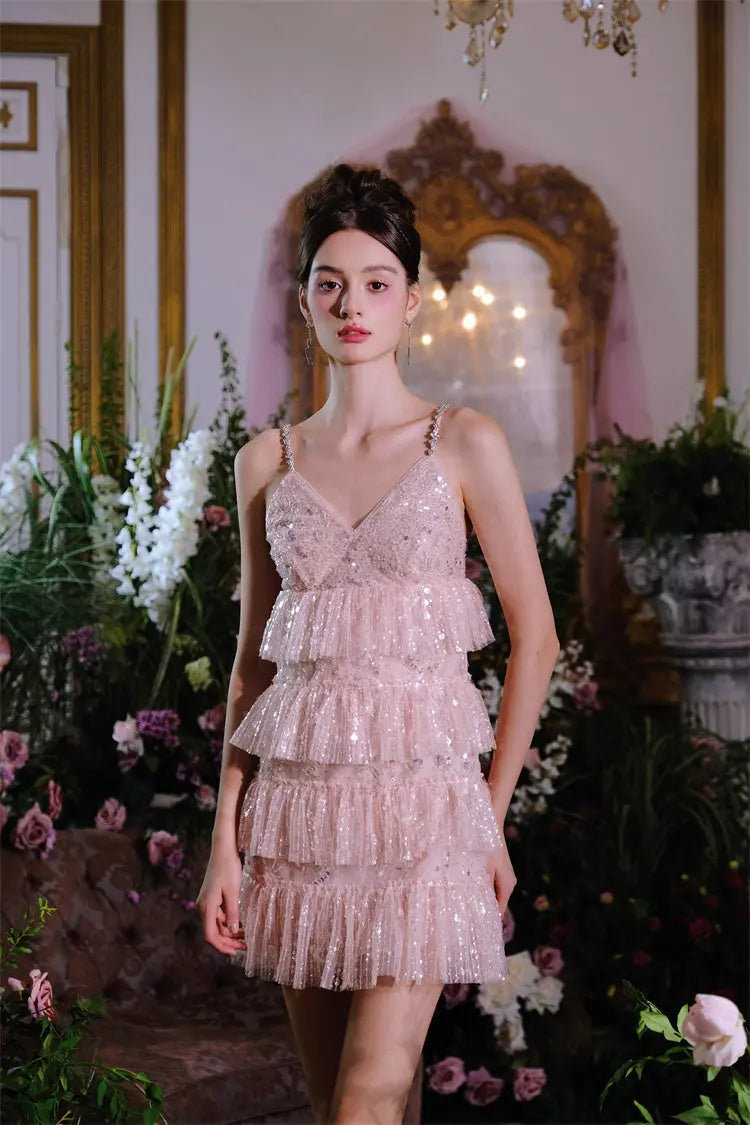 Pink Sleeveless Sequin layer ruffle short Dinner Dress Avalabel