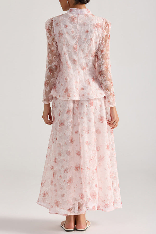 Rebecca Pink Floral Embroidered Long-Sleeve Top Skirt Set