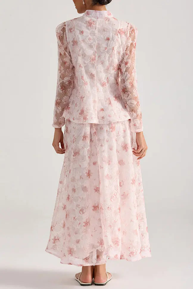 Rebecca Pink Floral Embroidered Long-Sleeve Top Skirt Set Avalabel