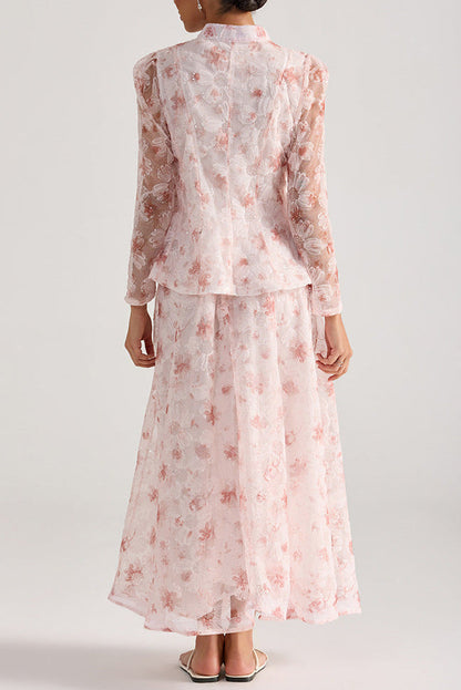 Rebecca Pink Floral Embroidered Long-Sleeve Top Skirt Set