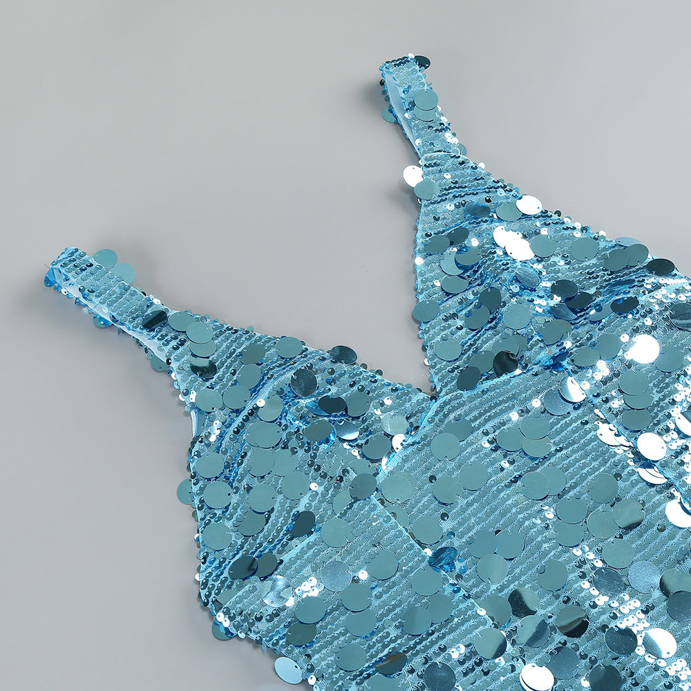 Carlin Sequin Deep V Strapless Maxi Dress in Blue Avalabel