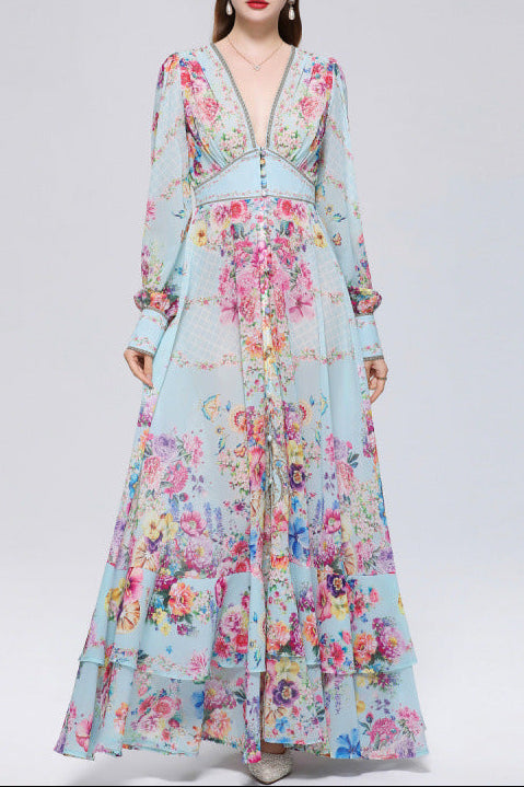 Xaviera Chiffon Mesh A-Line Printed Maxi Dress Avalabel