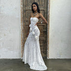 Sheer Lace Strapless Dress with Three-Dimensional Floral Fishtail Skirt - White Avalabel