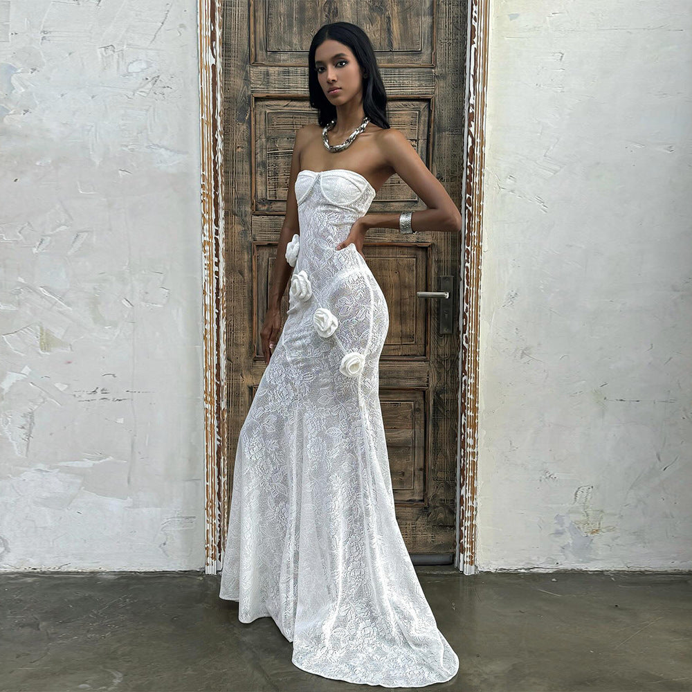 Sheer Lace Strapless Dress with Three-Dimensional Floral Fishtail Skirt - White Avalabel