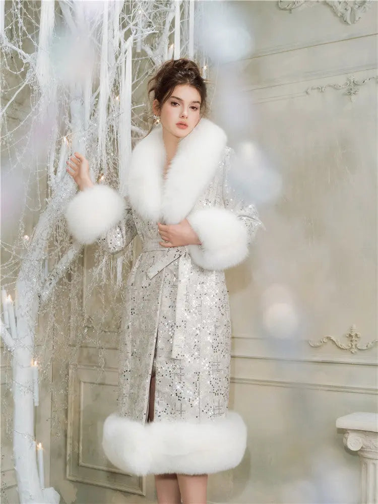 Sliver Tie Long Sleeve Long Fur Autumn Coat Avalabel