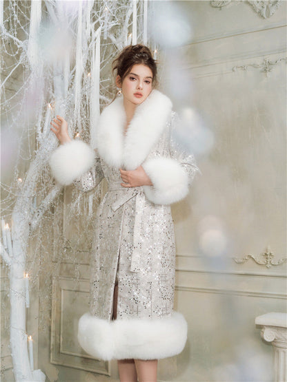 Sliver Tie Long Sleeve Long Fur Autumn Coat