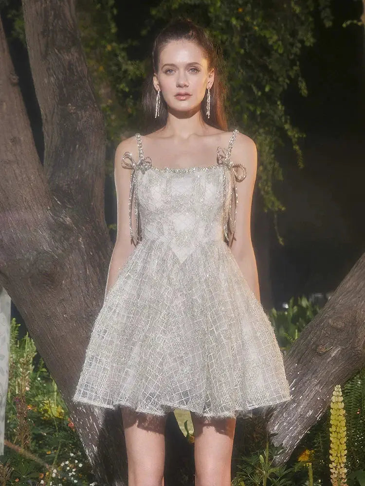 beige Square Collar Sleeveless lace cocktail Dress Avalabel
