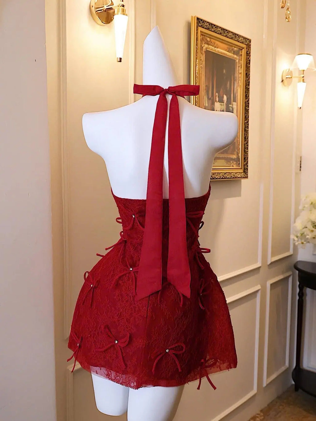 Pandora Lace Bow Backless Halter Mini Dress in Red Avalabel