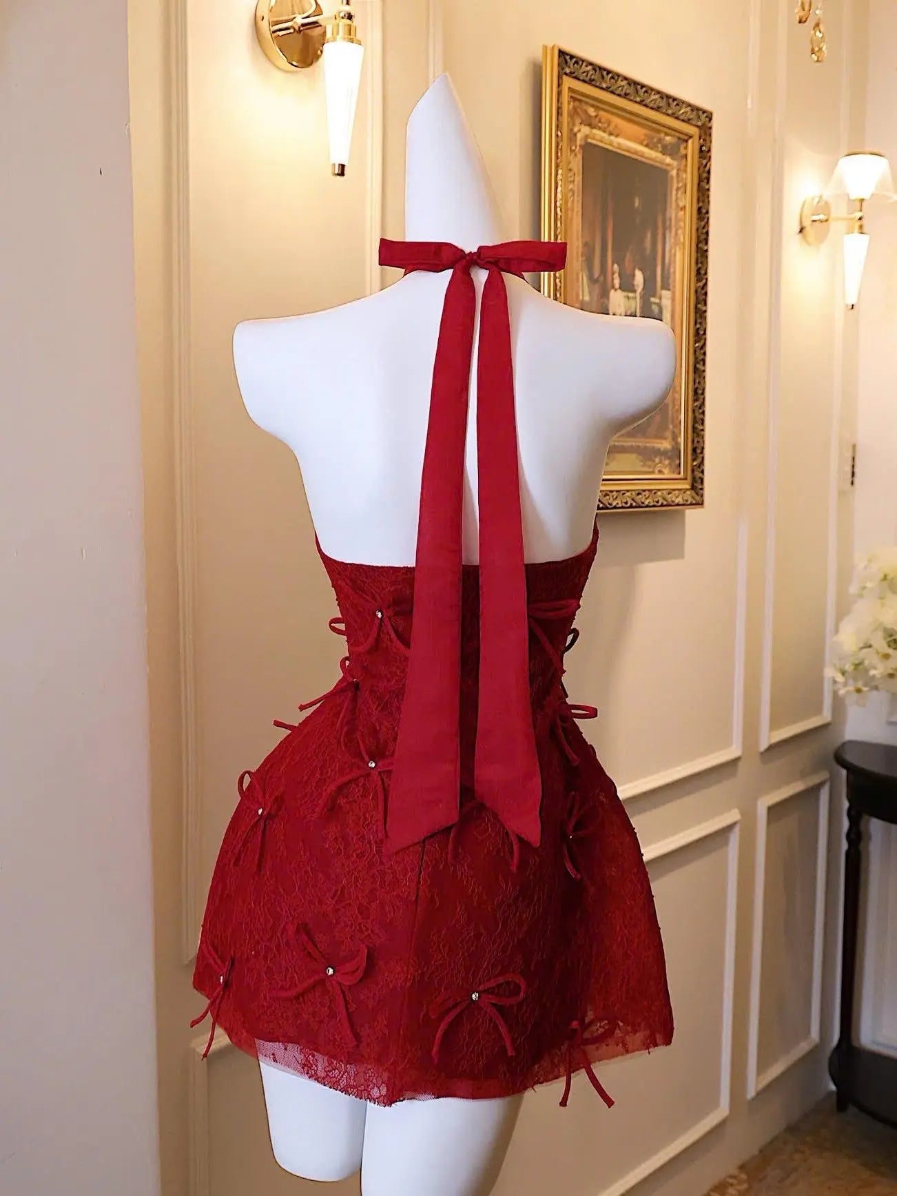 Pandora Lace Bow Backless Halter Mini Dress in Red Avalabel