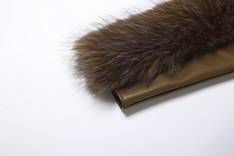 sibyl Leather fur collar asymmetrical mini dress in brown Avalabel