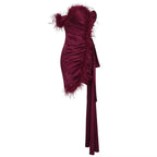 burgundy feather embellished strapless mini dress Avalabel