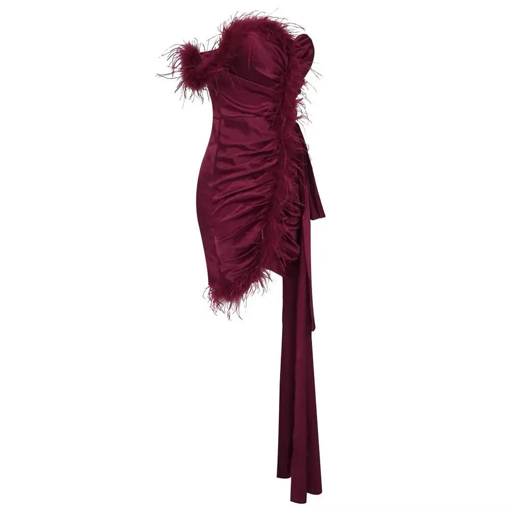 burgundy feather embellished strapless mini dress Avalabel