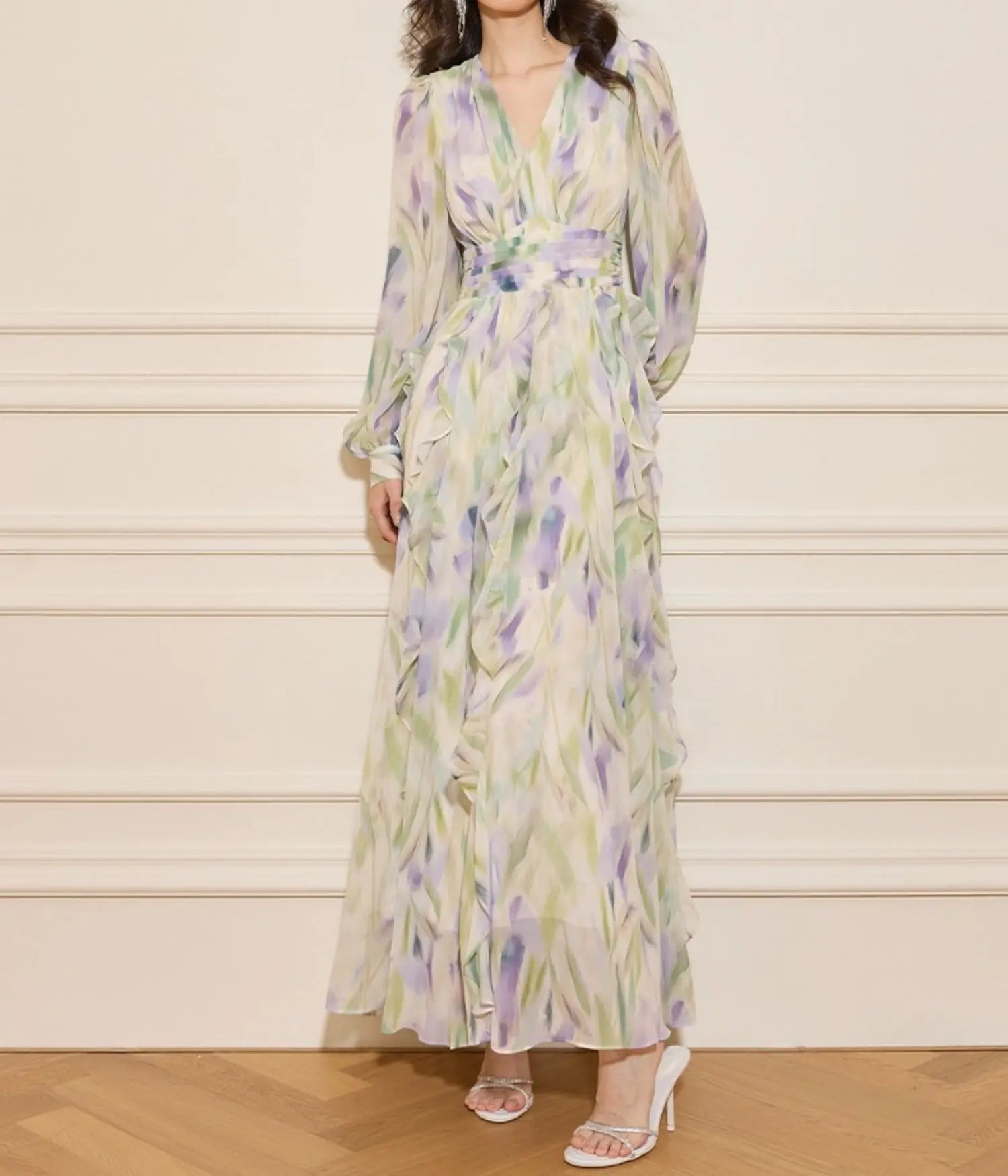rachel multicolor v-neck floral print lantern sleeve maxi dress Avalabel