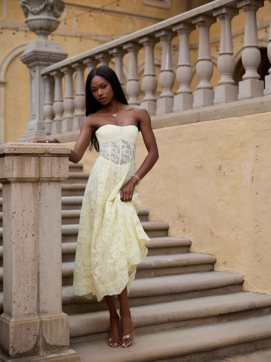Amanda Yellow European American Style Sexy Backless Tie-Wrap Dress Avalabel