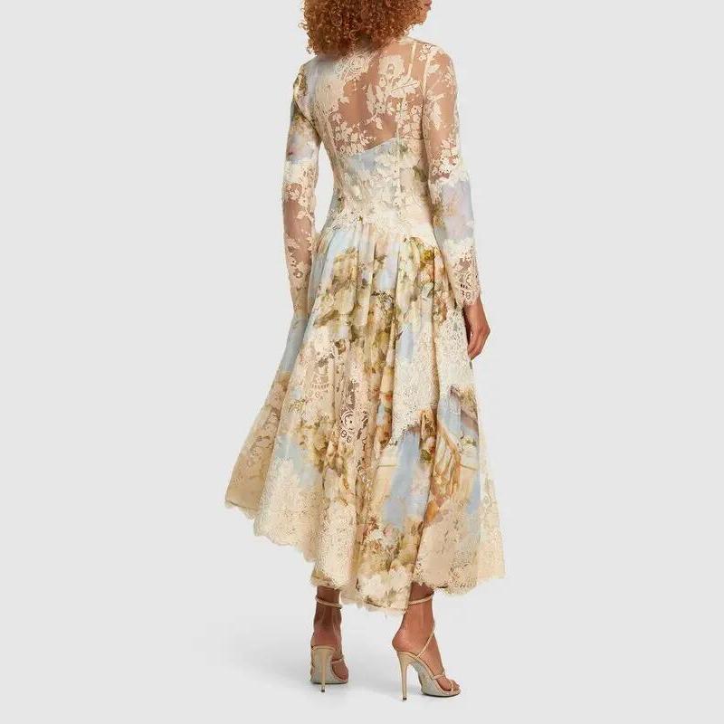 Kristin Long Sleeves Floral Printed Asymmetric Lace Maxi Dress Avalabel