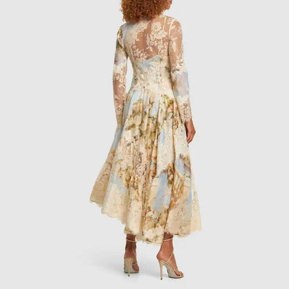 Kristin Long Sleeves Floral Printed Asymmetric Lace Maxi Dress