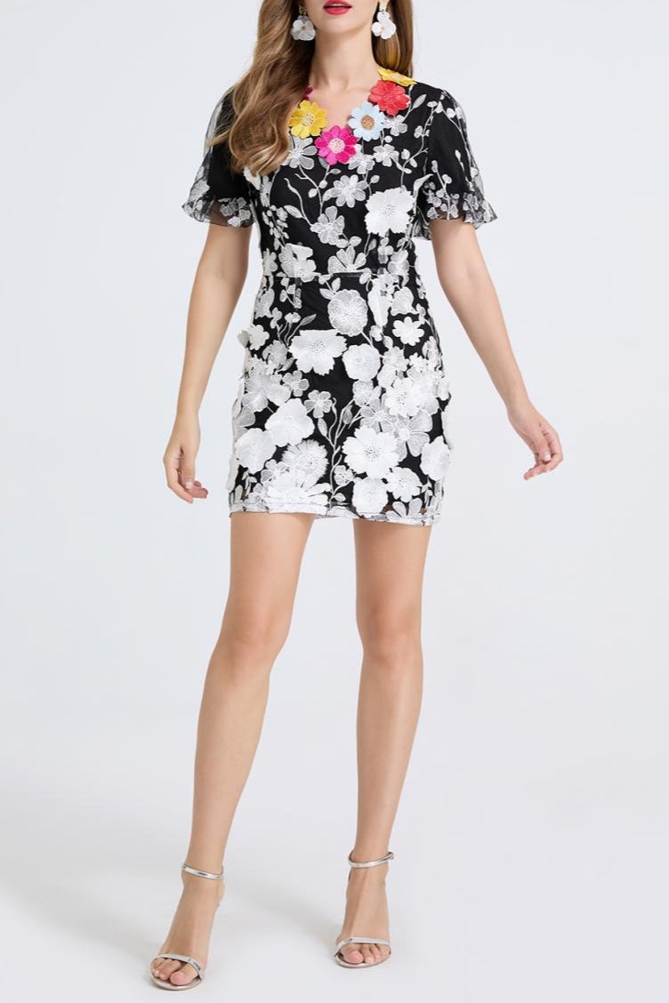 Letitia 3D Floral Embroidery Mini Dress in Black Avalabel