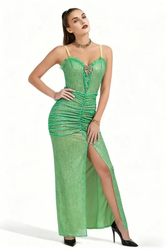 bertha high slit pleated sequin maxi dress in green Avalabel