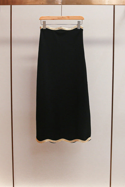 Black Long Knitted Skirt with Chain Detail