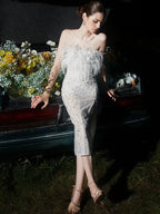 Masa White Haute Couture Feather Sequin Dress Avalabel
