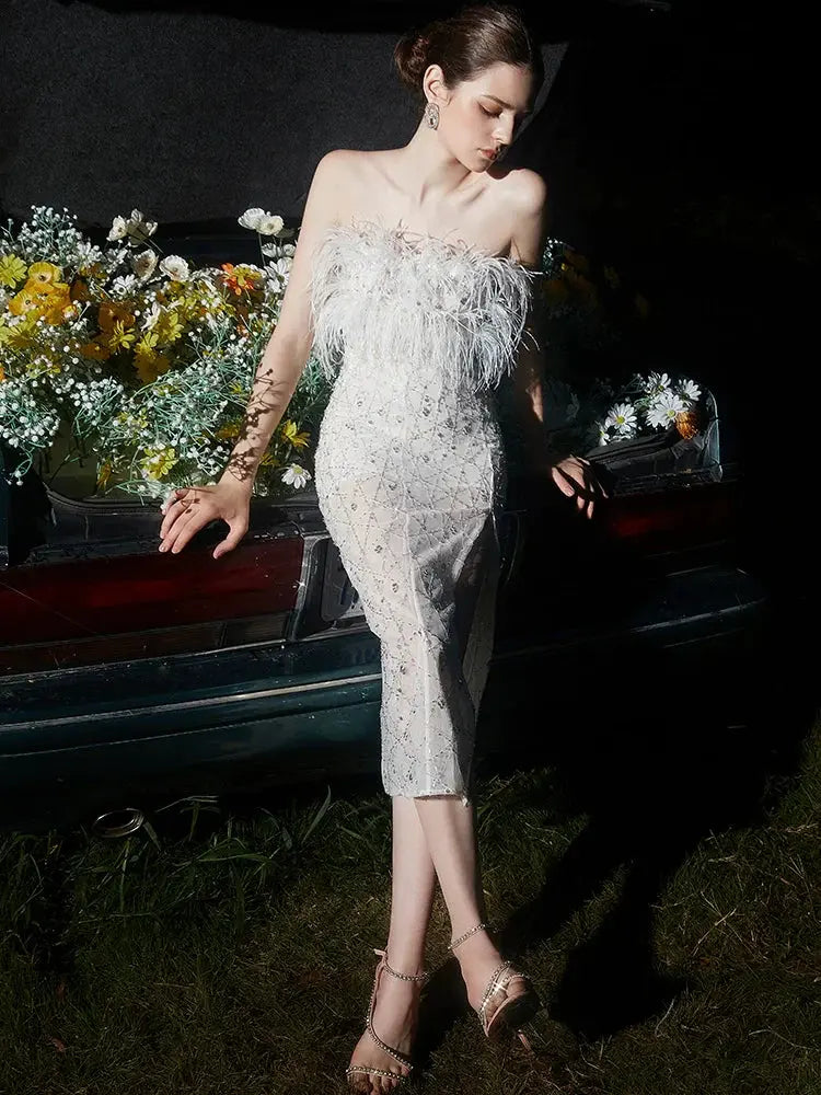 Masa White Haute Couture Feather Sequin Dress Avalabel