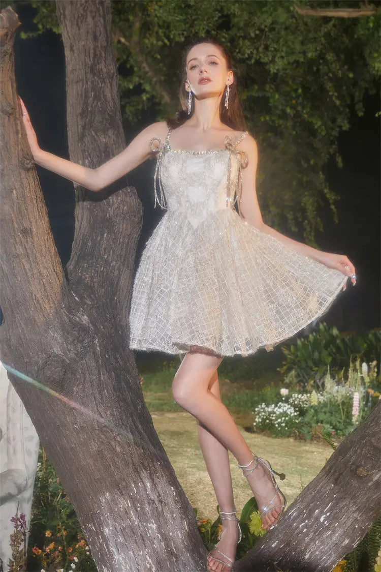 beige Square Collar Sleeveless lace cocktail Dress Avalabel