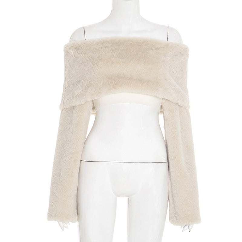 verna faux fur off-shoulder long sleeve top in beige Avalabel