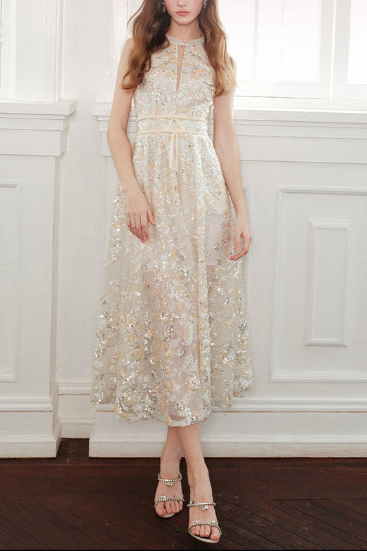 Gold Couture with Floral Embroidery Sequin Banquet Dress