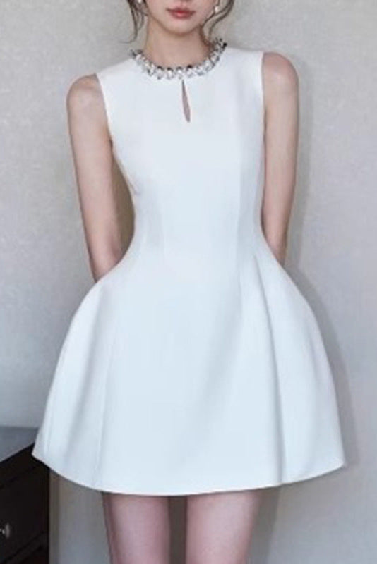 alyssa Round neck diamond sleeveless dress in white Avalabel