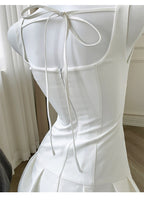 arabela square neck bud mini dress in beige Avalabel