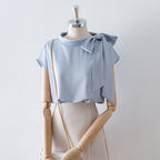 Asymmetrical Side Big Bow Stand Collar Cap Sleeve Satin Blouse poava