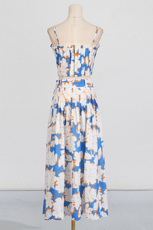Pleated Floral-Print Linen Bustier Top Skirt Set in Blue Avalabel